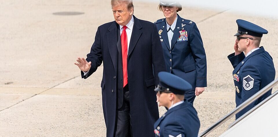 President Donald Trump speaking about U.S. naval strength and economic pressure against Iran.