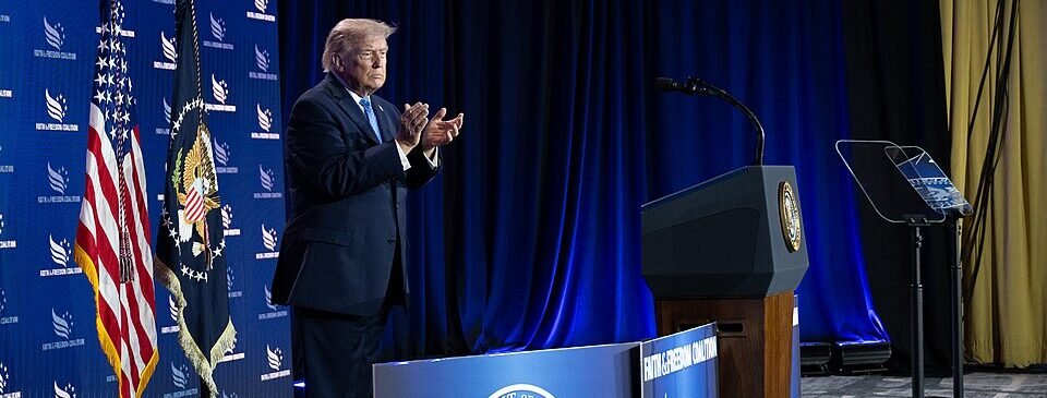 President Donald Trump speaking about U.S. military strength and economic growth