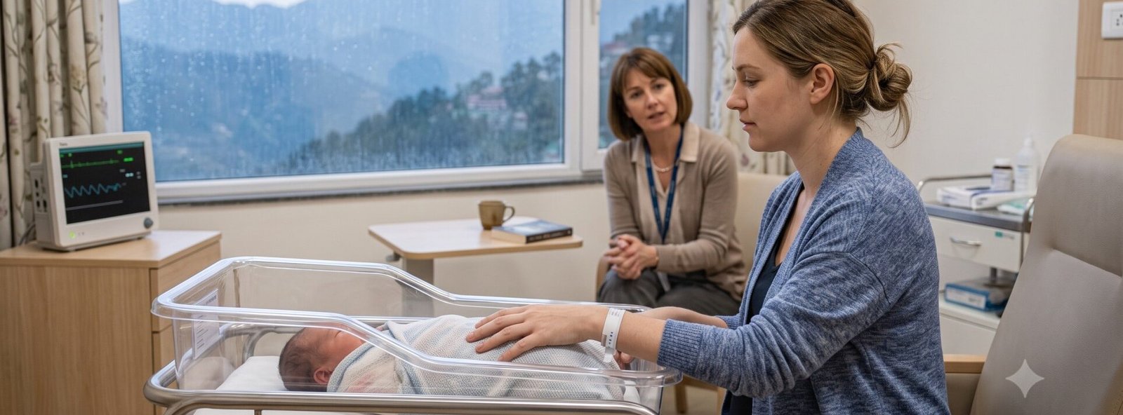 Australian mother sitting quietly in a modern hospital room beside her newborn baby