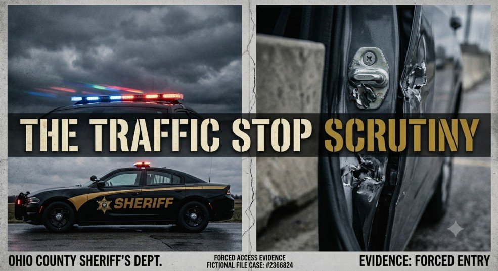 Marked law enforcement cruisers parked along a rural roadway during a nighttime traffic stop.