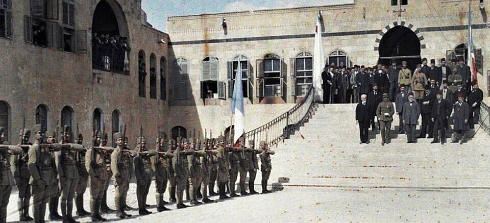 Courthouse building representing military judicial proceedings in Aleppo, Syria