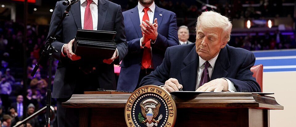 President Donald Trump speaking to reporters outside the White House as a press-access dispute unfolds.