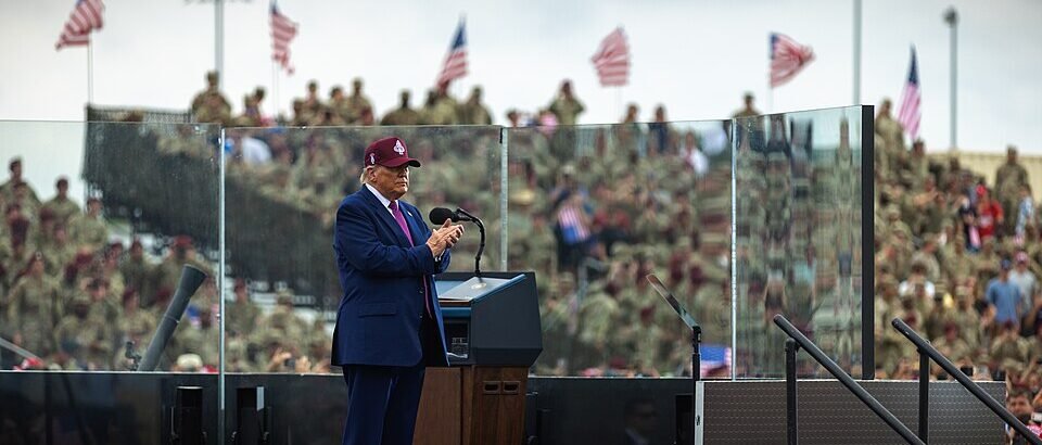 President Donald Trump speaking at a podium during public remarks about Hunter Biden, manufacturing wages and the U.S. economy.