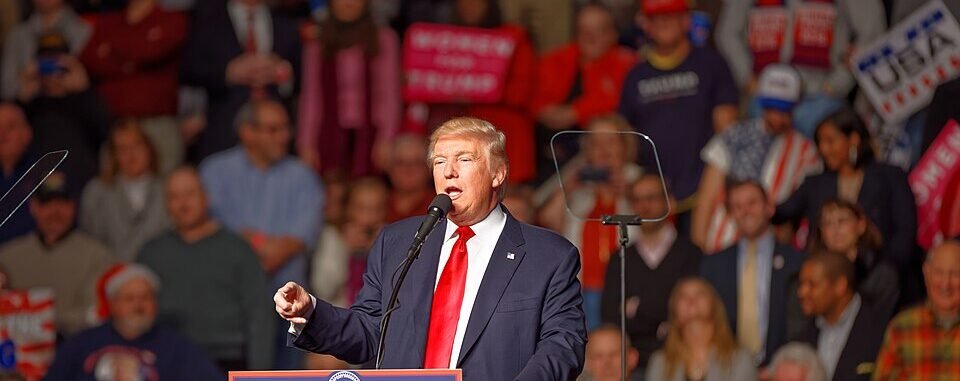 Donald Trump speaking during a public address about economic growth, tax policy, and Democratic legislative priorities.