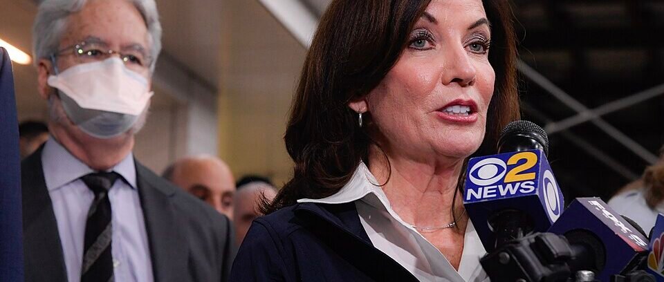 New York Governor Kathy Hochul speaking during an interview about working alongside Representative Alexandria Ocasio-Cortez.