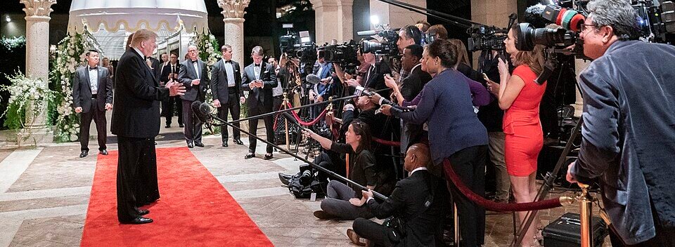 President Donald Trump answering reporters’ questions during an impromptu press exchange outside the White House.